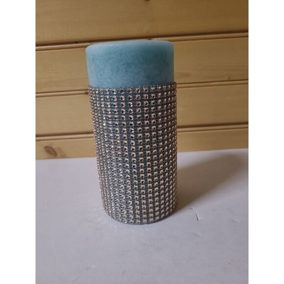 Cassis Pillar Candle Aqua Silver Mesh Rhinestone Look Wrap 6" x 3" Zodax - Picture 1 of 7